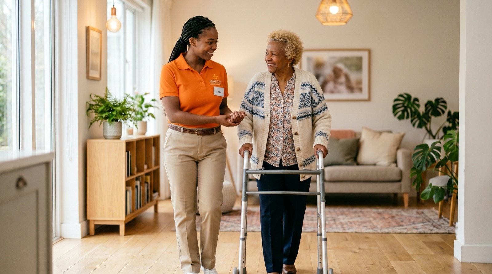 Rising Star caregiver helping a senior woman walk safely at home in Maryland
