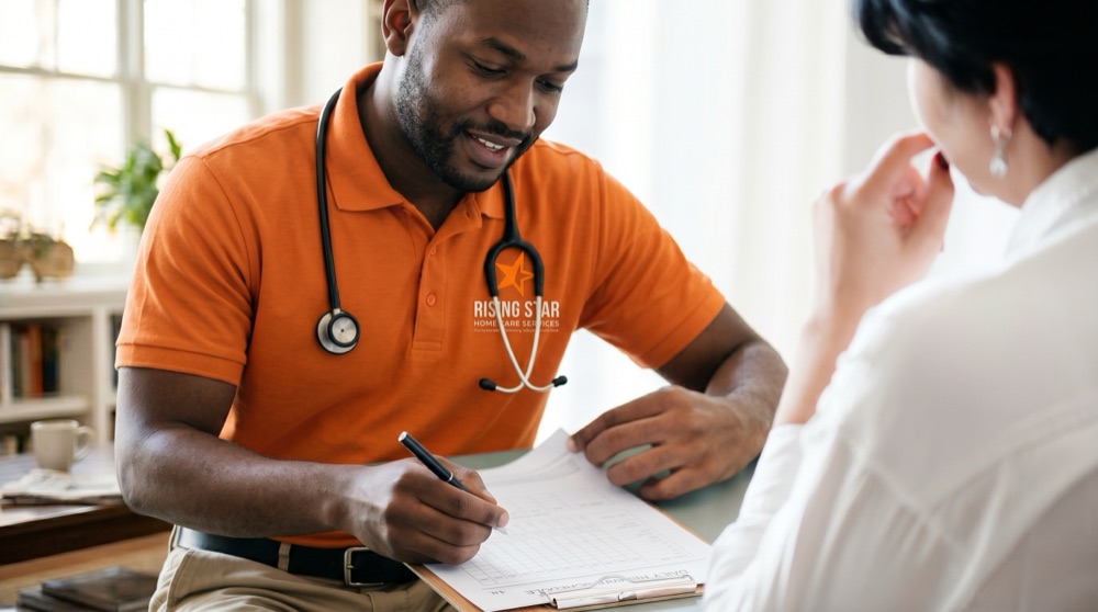 Rising Star Home Care Services caregiver conducting a free Medicaid eligibility consultation with a client at home in Maryland